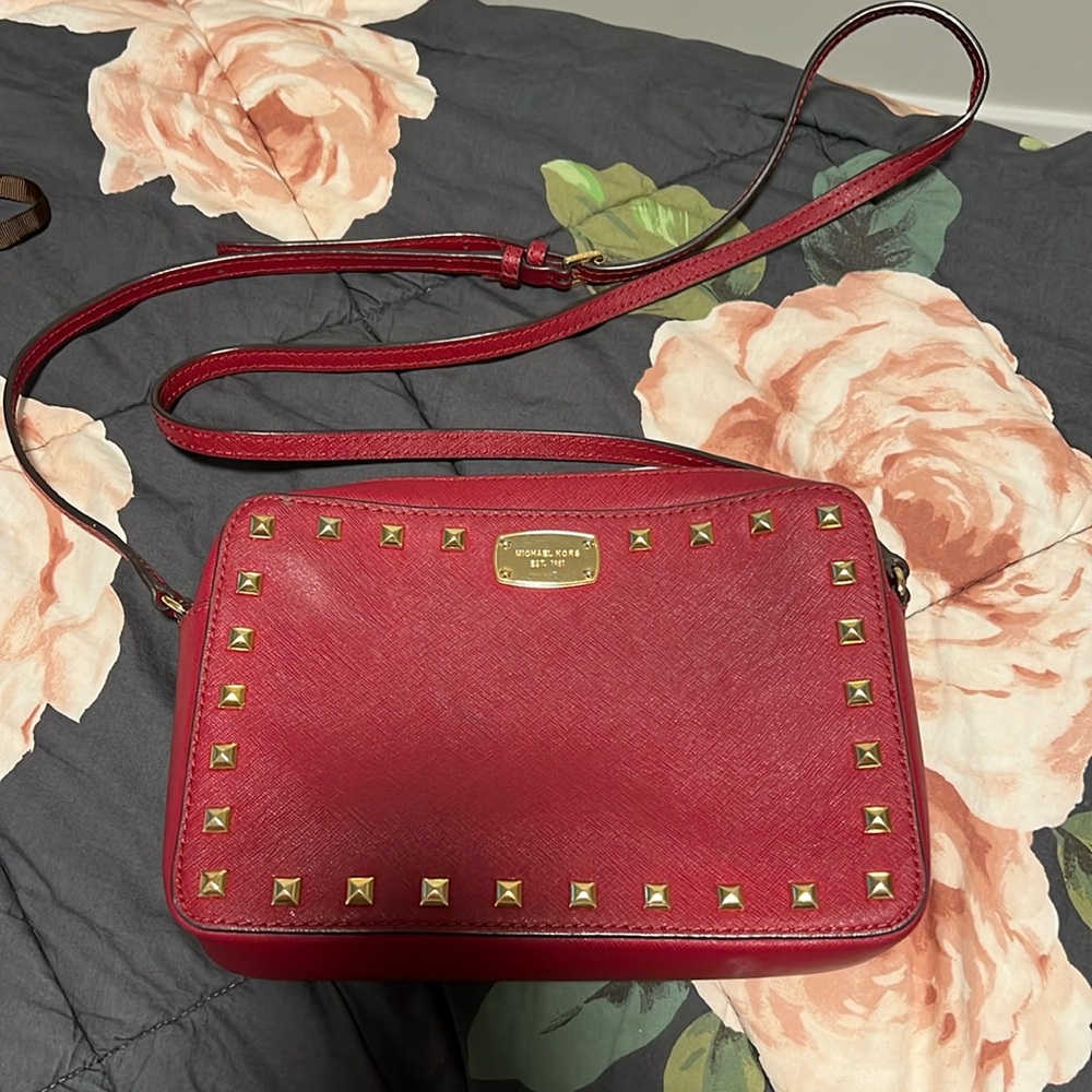 Michael Kors red leather crossbody with gold studs